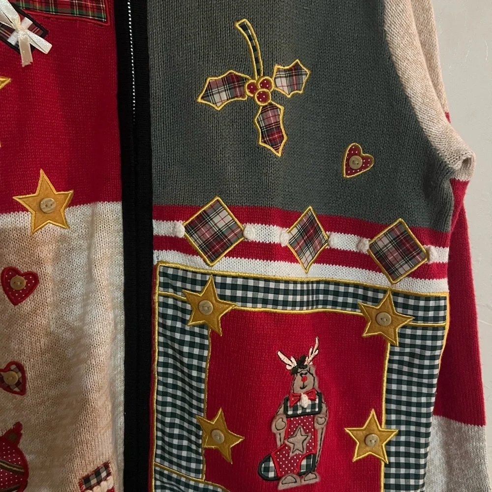 Victoria Jones Zip‎ Front Christmas Cardigan Color Block Applique Design Size M